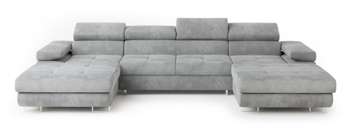 WOHNLANDSCHAFT LYKKE Hellgrau Velours-Stoff mit Schlaffunktion - Hellgrau, Holz (353/90/202cm) - MASSENO