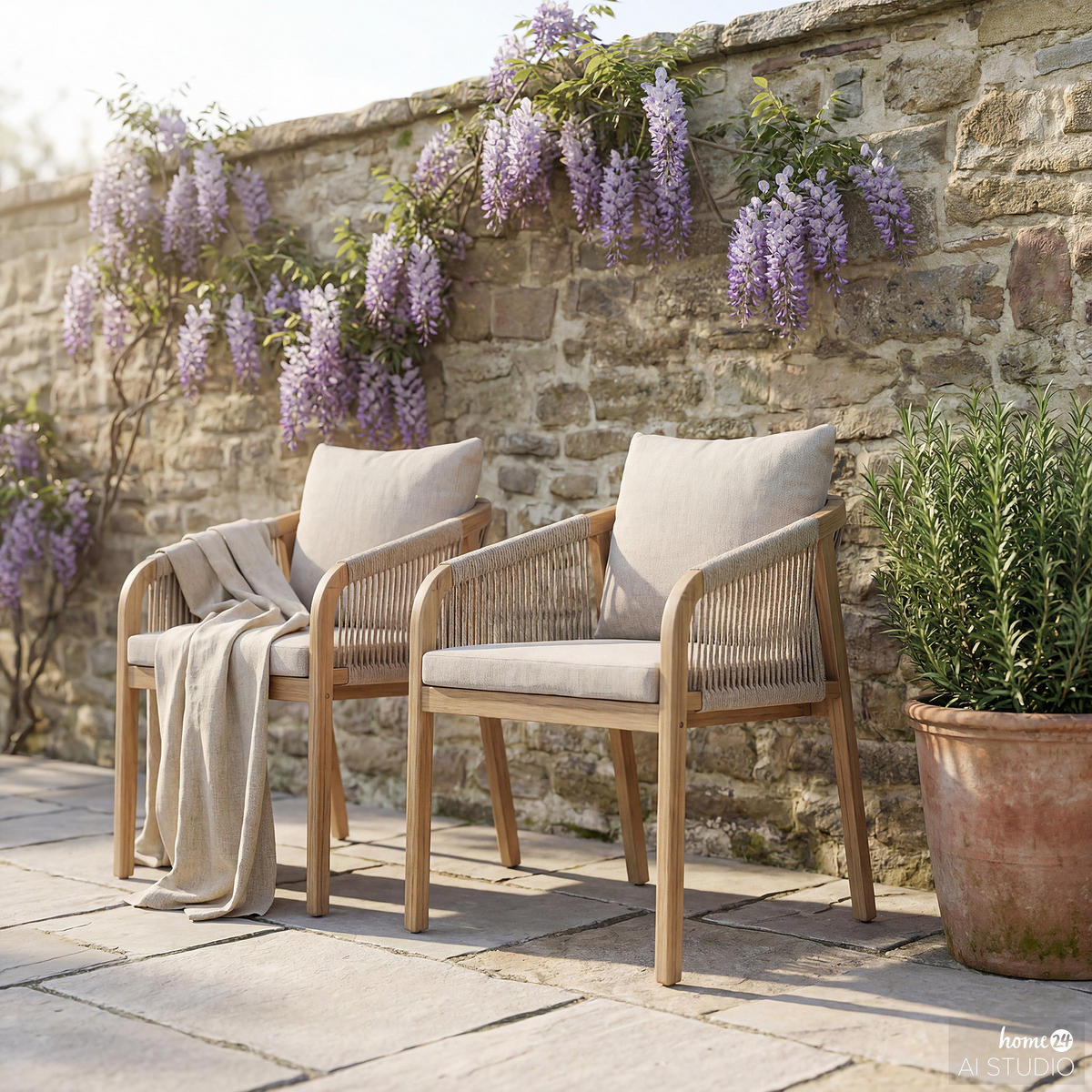 GARTENSTUHL - 2er-Set - Akazie massiv / Webstoff - Beige, Holz/Textil (58/77/62cm) - home24
