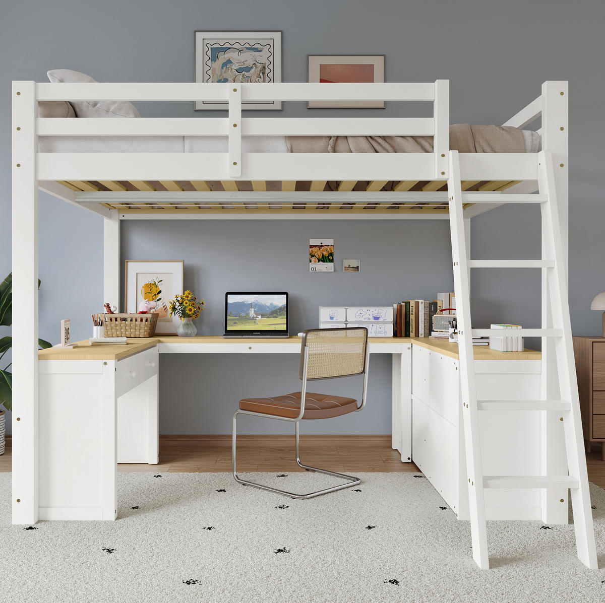 HOCHBETT aus Kiefer, MDF und PB 140x200 cm Weiß/Natur mit U-förmigem Tisch, 2 Schubladen und Regal - Weiß, Holzwerkstoff (140/200cm) - IVMEU