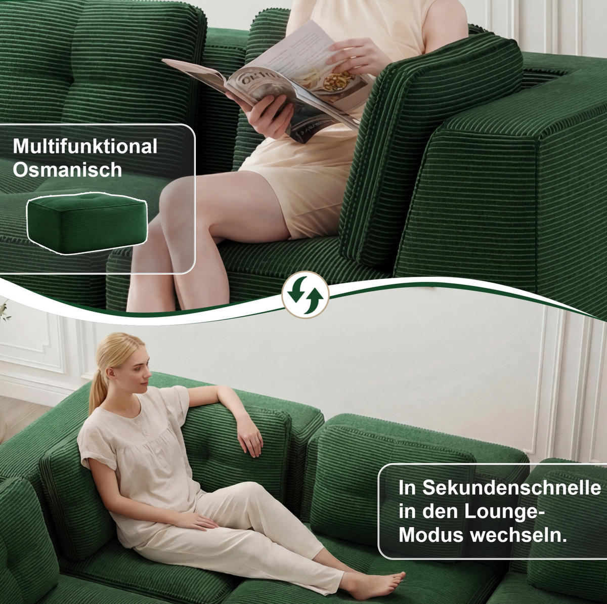 ECKSOFA 297/177/69 cm grün aus Cord ohne Montage modular mit Ottomane - Grün, Textil (177/297cm) - OKWISH