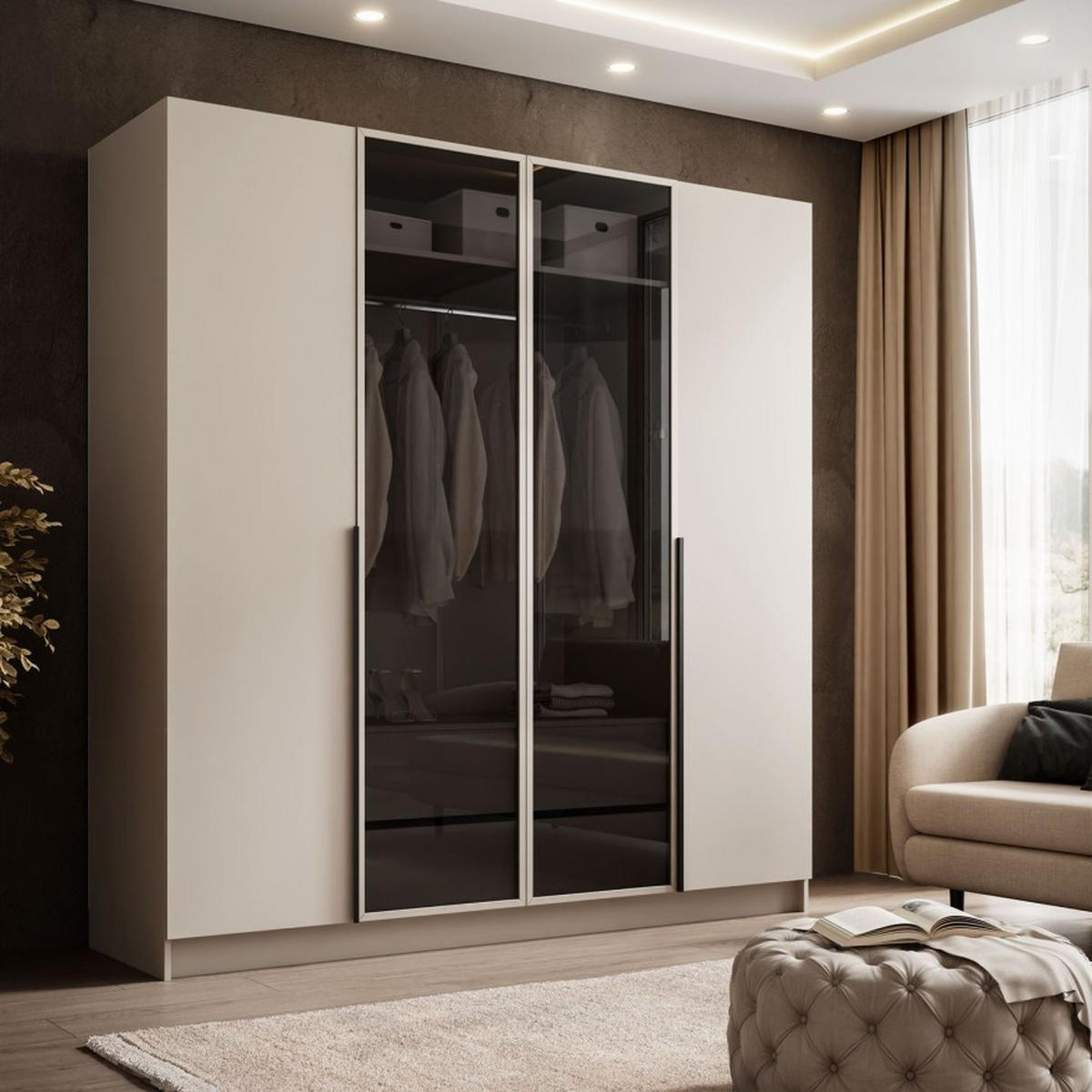 VIERTÜRIGER Schrank ATRIUM II mit Glasfront - Kaschmir, Holzwerkstoff (200/210/57cm) - Lookway