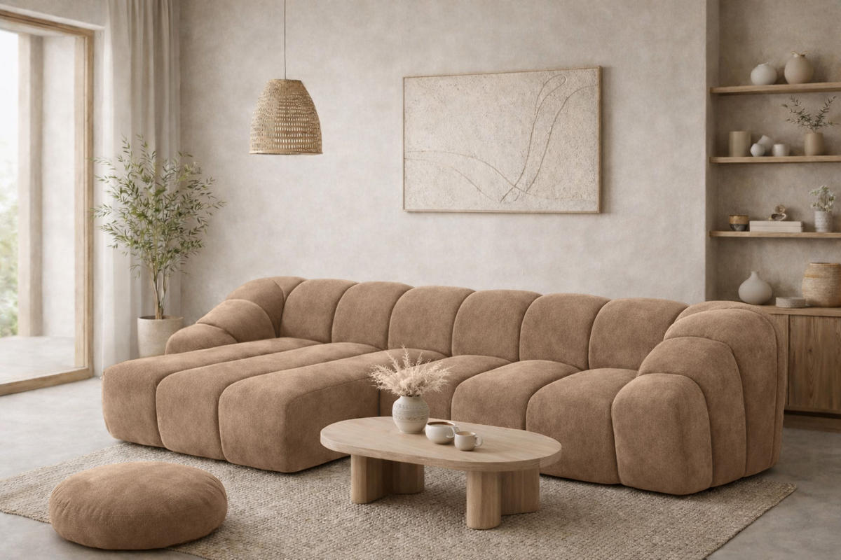 ECKSOFA Modulare L-Form, Veloursstoff Bluvel, Latte, Links, CROISSANT L - Hellbraun, Holz (305/190cm) - Kaiser Möbel