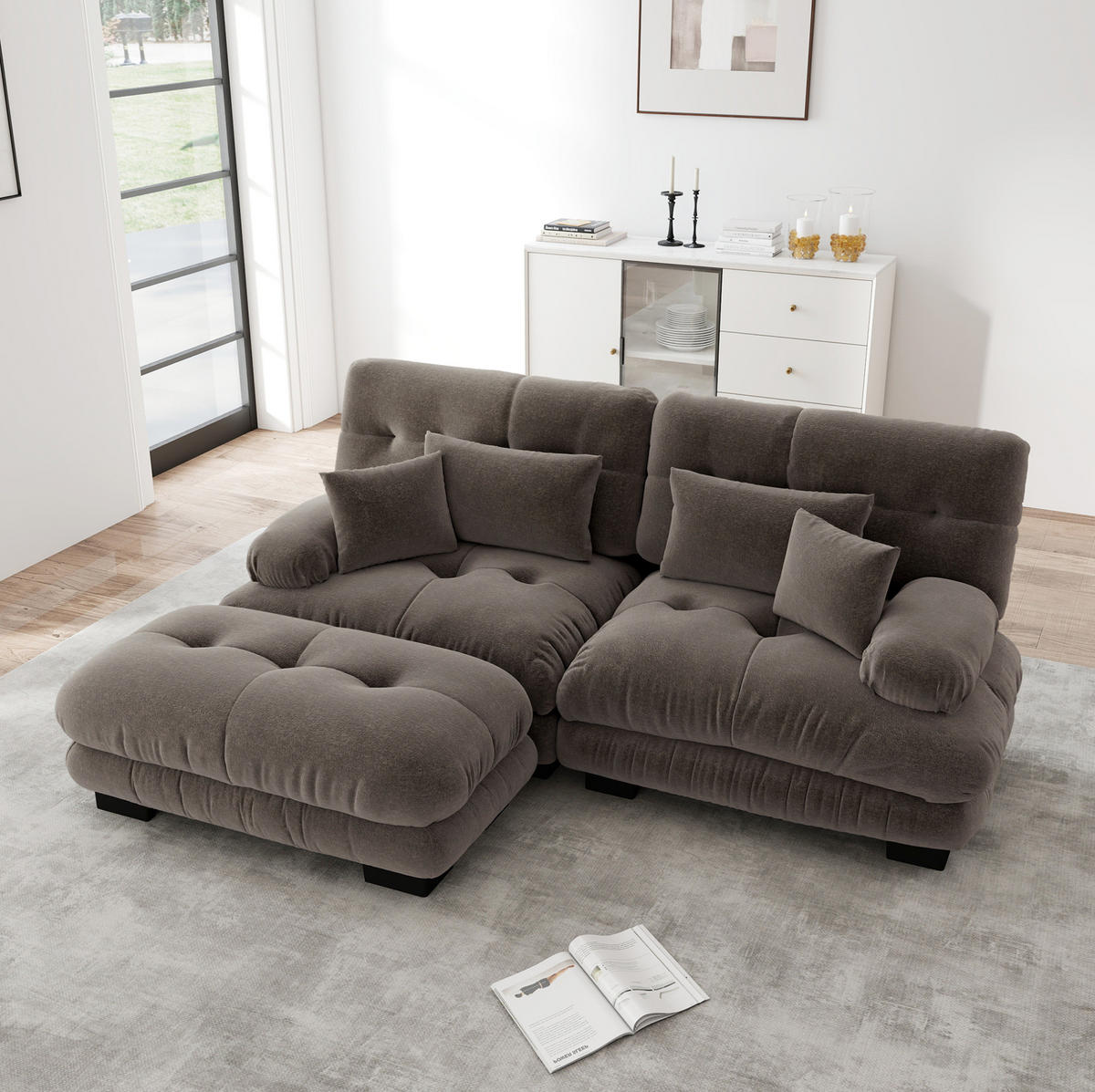 ECKSOFA mit modularer Ottomane, breiten Armlehnen und Deko- sowie Lendenkissen, Braun - Braun, Textil (220/145cm) - Redom