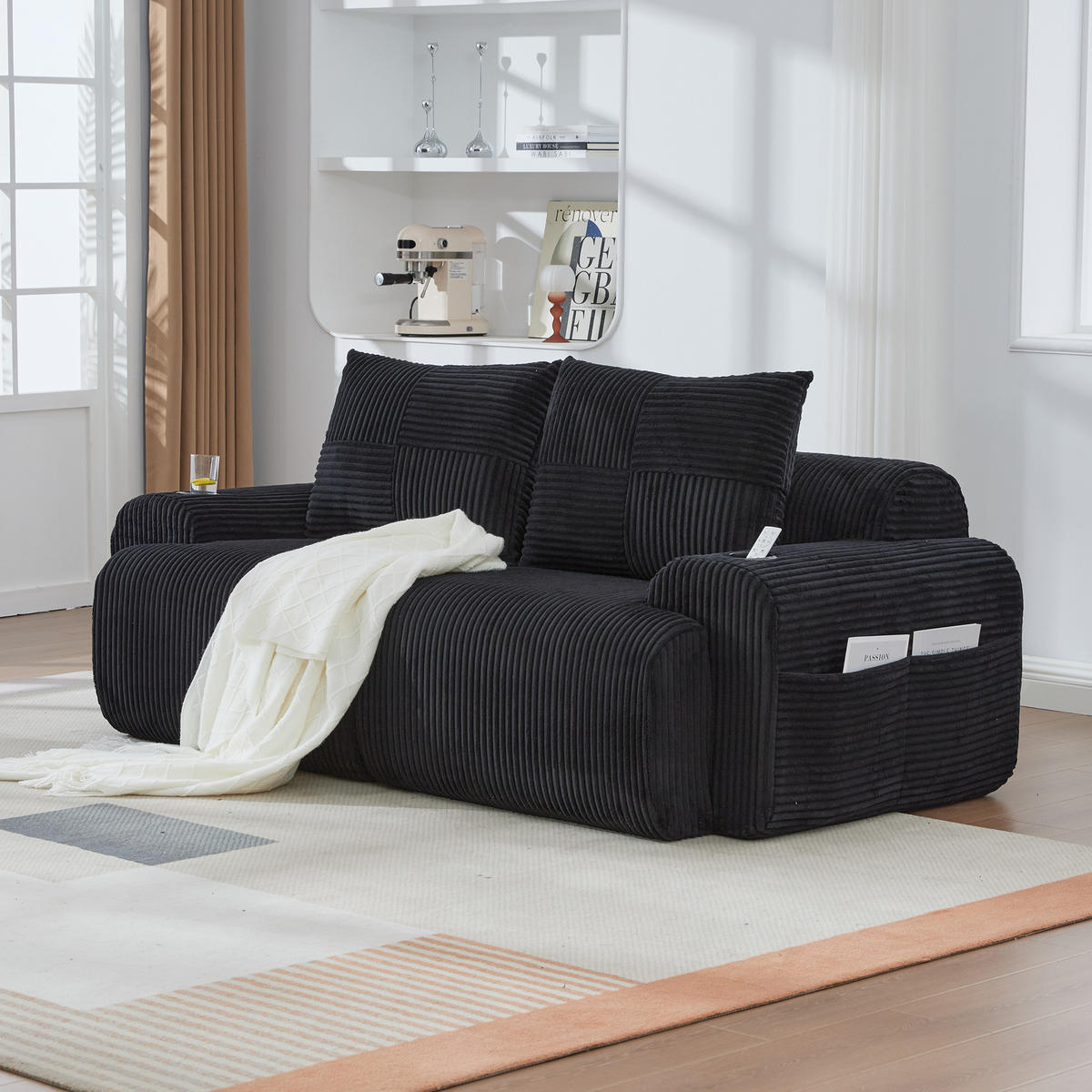 2-SITZER Sofa aus Cord 200x99x80 cm mit Cupholder & Seitentasche, schwarz - Schwarz, Textil (99/80/200cm)