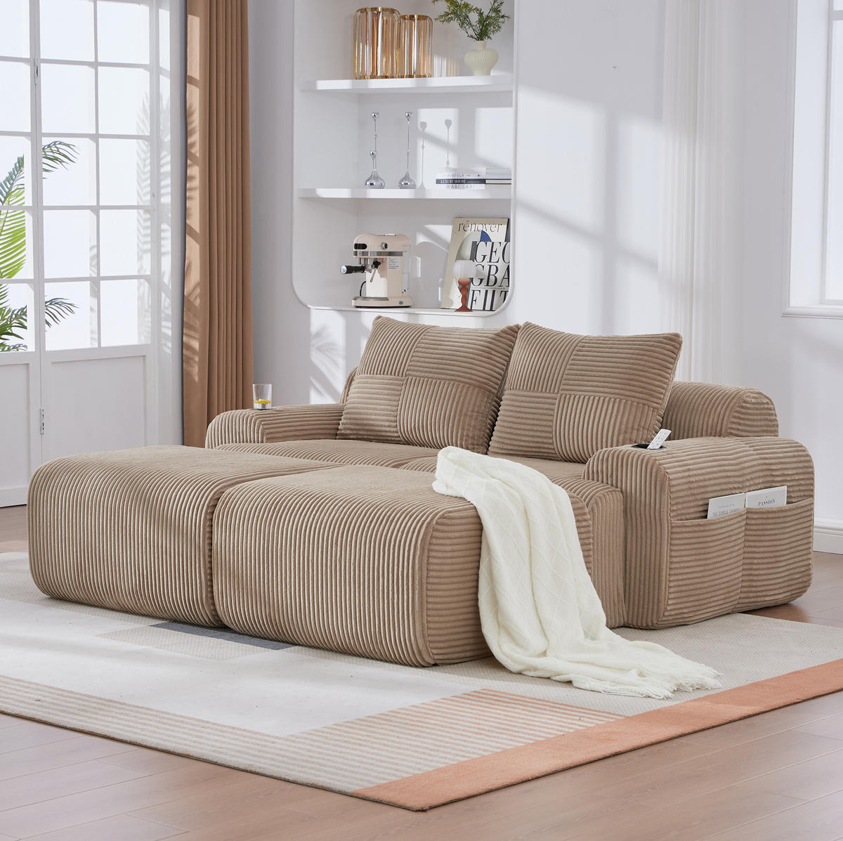 MODULARES 2-Sitzer Cordsofa mit 2 Hockern Getränkehalter und Seitentasche 200/174/80 cm Sandfarben - Sandfarben, Textil (174/80/200cm) - Redom