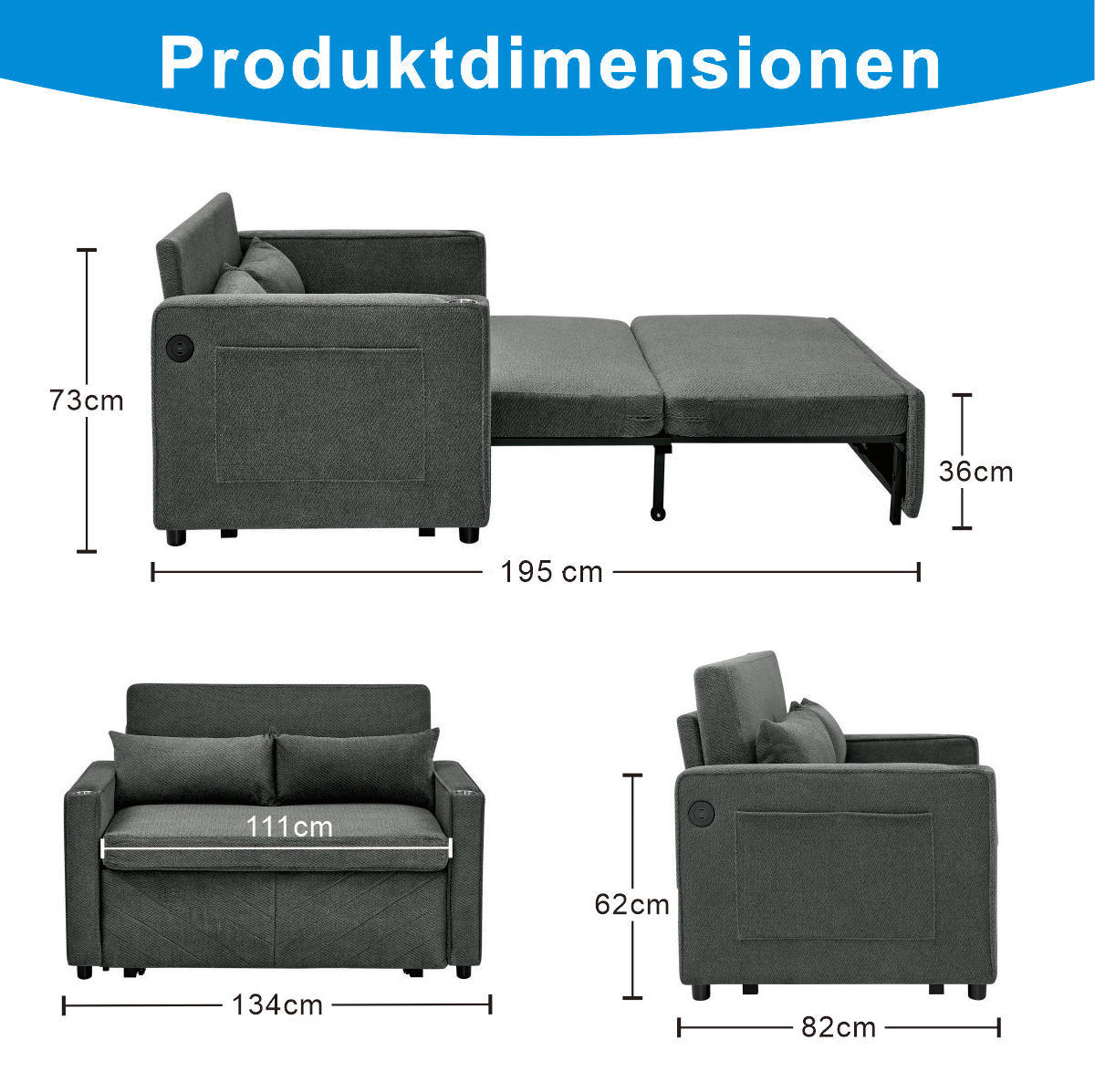SCHLAFSOFA 3-in-1 mit USB-Ladeports Dark Gray - Dunkelgrau, Holz (134/73/195cm) - Meubliv