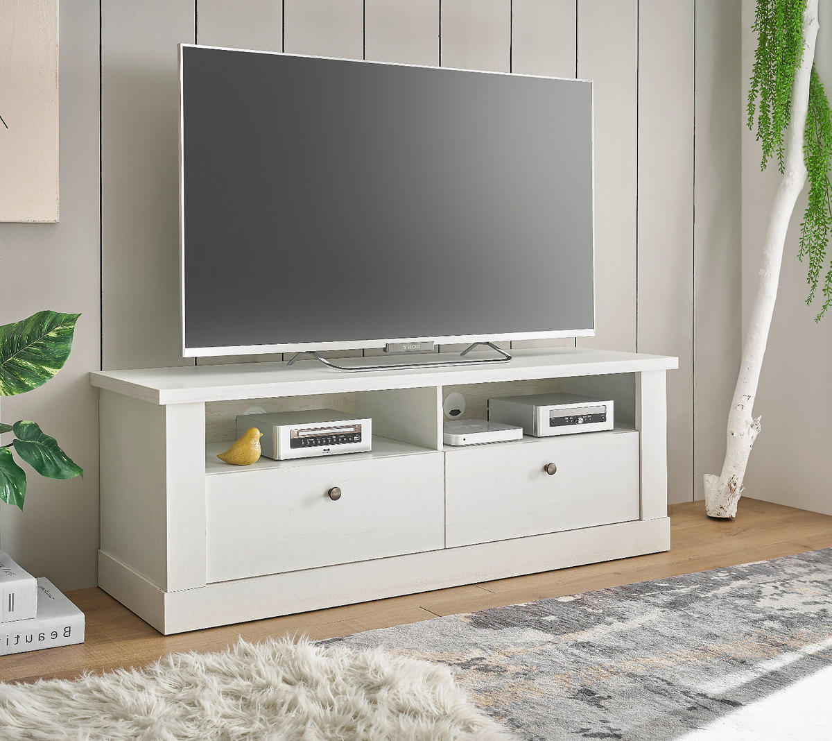 TV-LOWBOARD weiß Pinie Landhaus, TV Unterteil 132 cm, Soft-Close-Funktion - Weiß, Holzwerkstoff/Kunststoff (135/51/45cm) - Furn.Design
