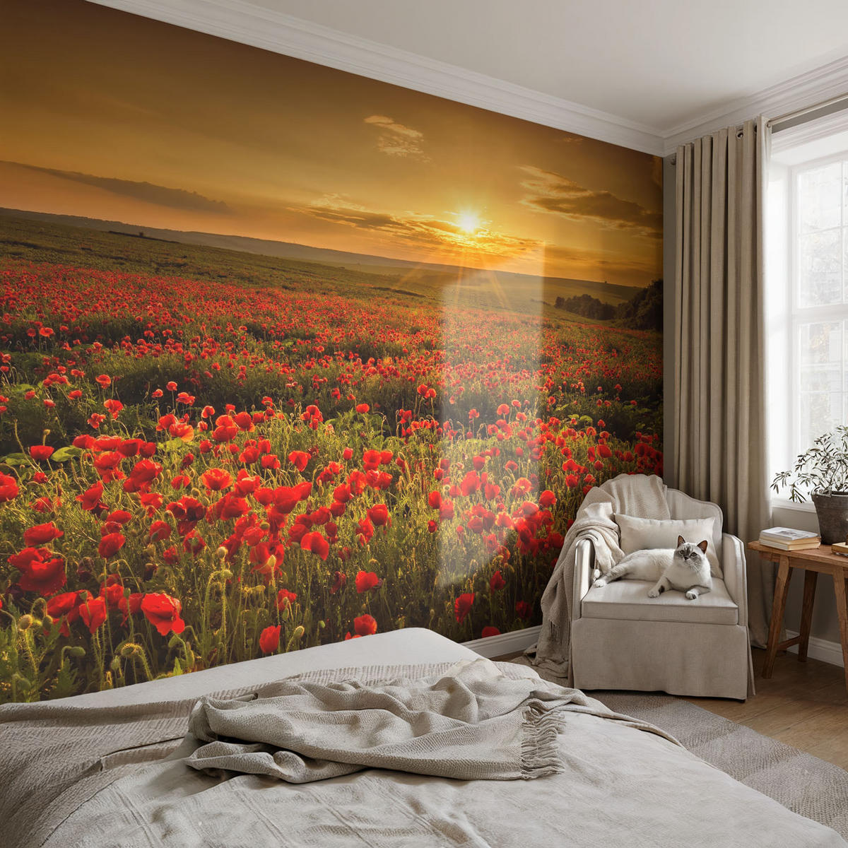 FOTOTAPETE 104x70 cm - Mohnfeld - Rot, Textil (104/70cm) - Wallfluent