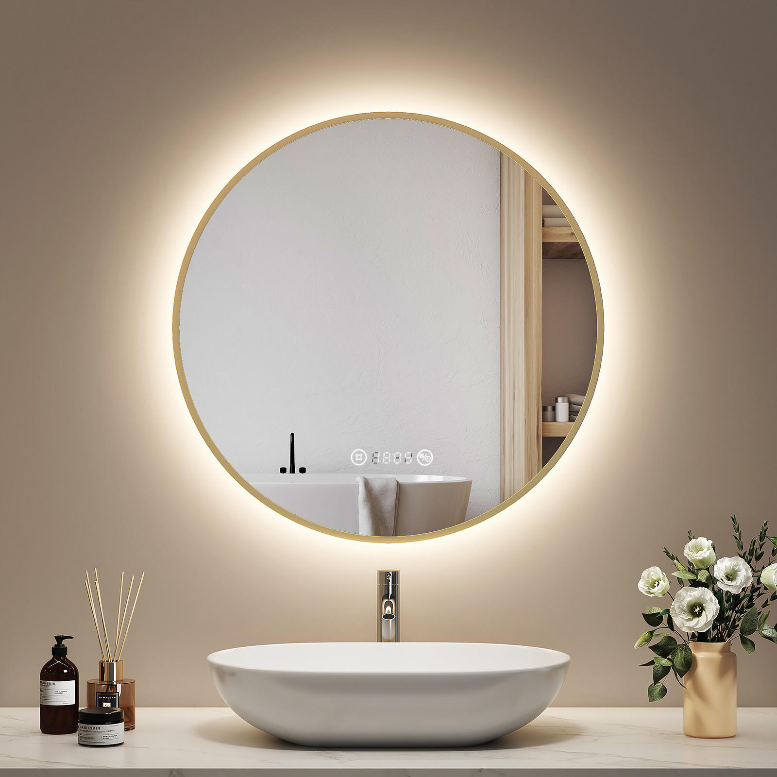 BADSPIEGEL Rund mit Beleuchtung Gold ф60 cm - Goldfarben, Glas (60/3.1/60cm) - EMKE