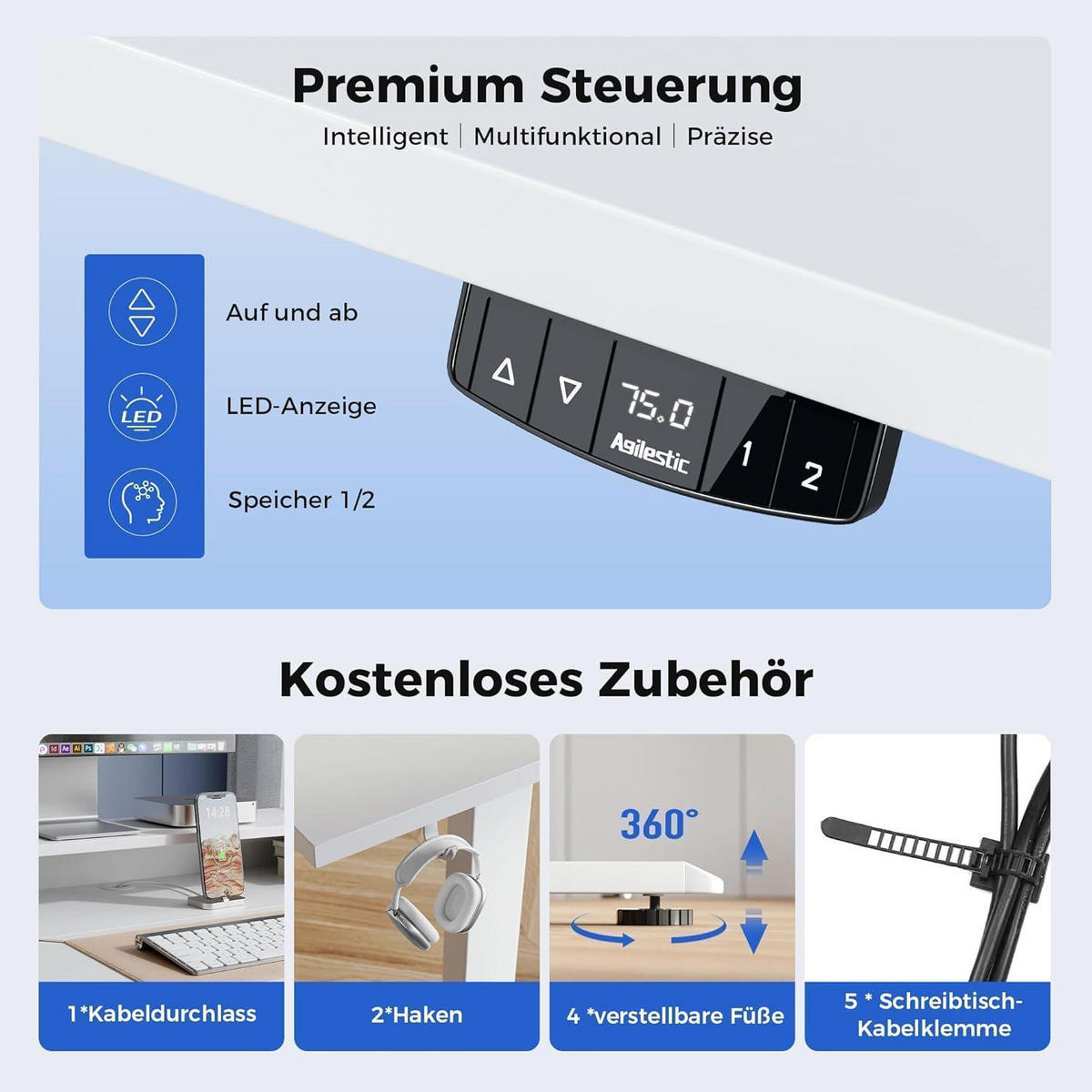 SCHREIBTISCH Höhenverstellbar Elektrisch mit 2 Schubladen 100 x 60 cm Weiß - Weiß, Holzwerkstoff (100/60/75cm)