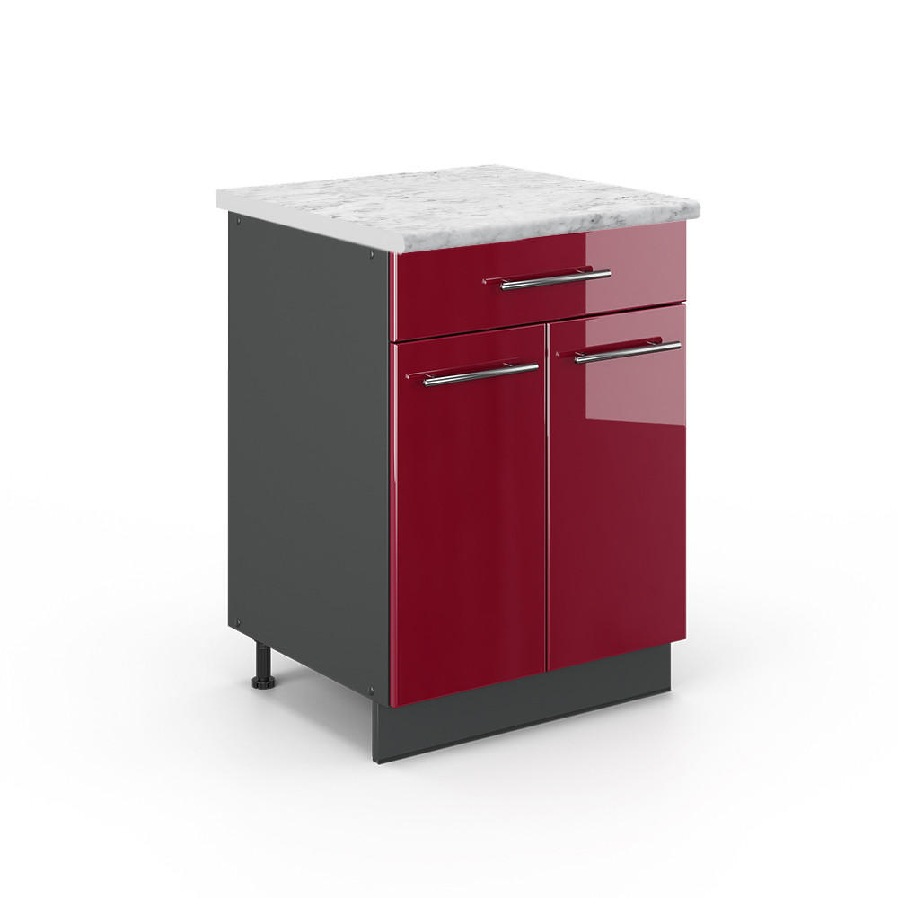 KÜCHENUNTERSCHRANK Fame-Line Bordeaux Hochglanz 60 cm mit Schublade AP Marmor - Bordeaux/Anthrazit, Holzwerkstoff (60/82/60cm) - Vicco