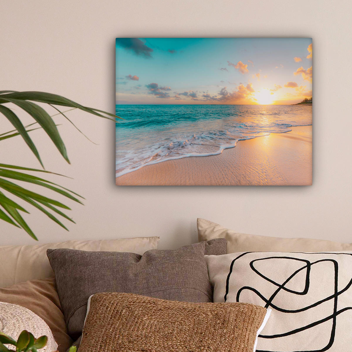 LEINWANDBILD - Sonnenuntergang - Strand - Meer - Sommer - Blau - 40x30 - Wanddeko - Multicolor, Textil (40/30cm) - MuchoWow