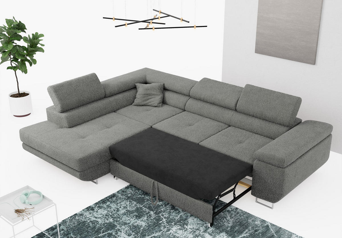 ROHOVÁ SEDAČKA GUSTAW L - Šedá Bouclé - Levá Strana - šedá/stříbrná, kov/textil (275/205cm) - MKS