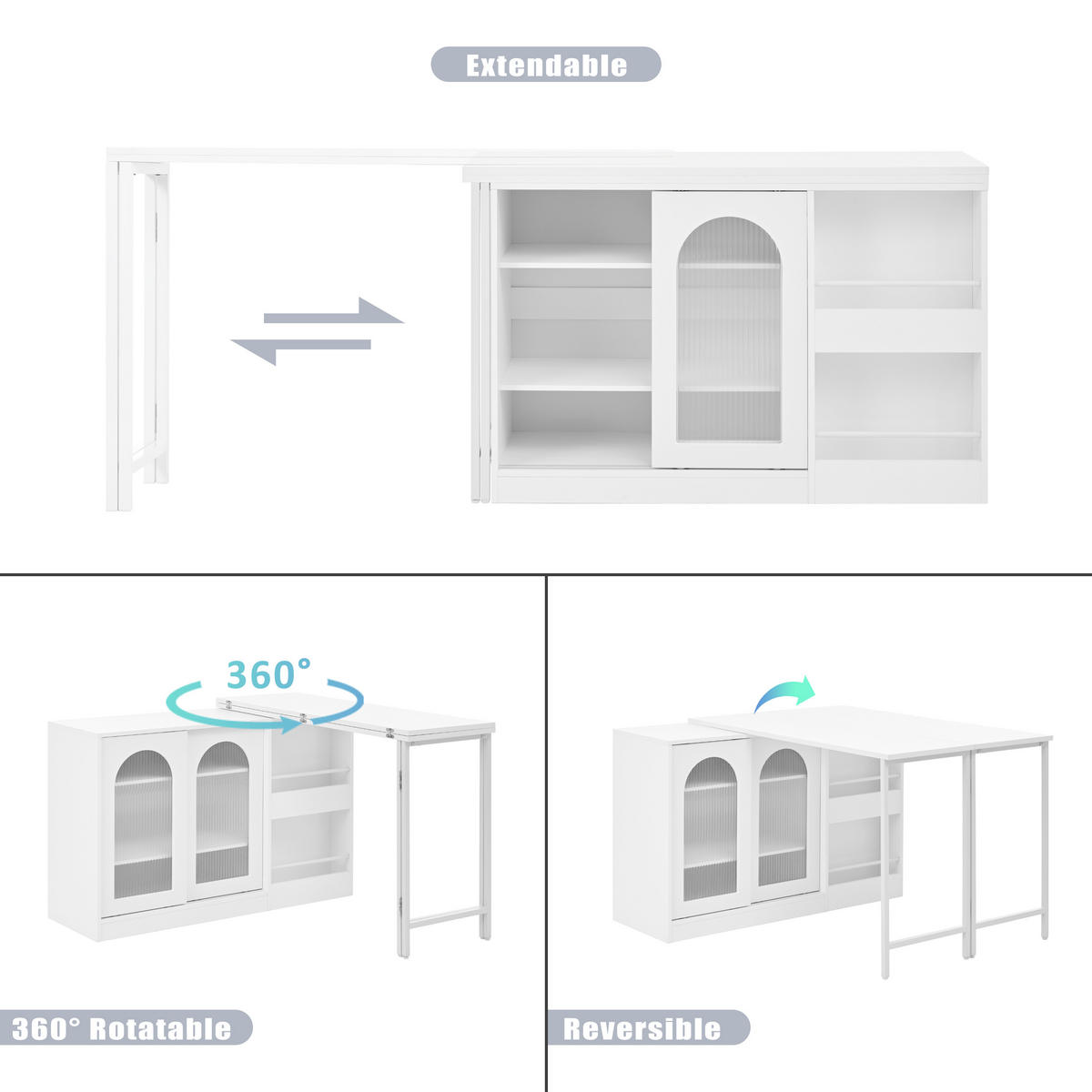 STEHTISCH Weiß Holzoptik|Ausziehbar|360° Drehbar mit Stauraum - Weiß, Holzwerkstoff/Metall (40/121.5/76.7cm) - Urban Meuble