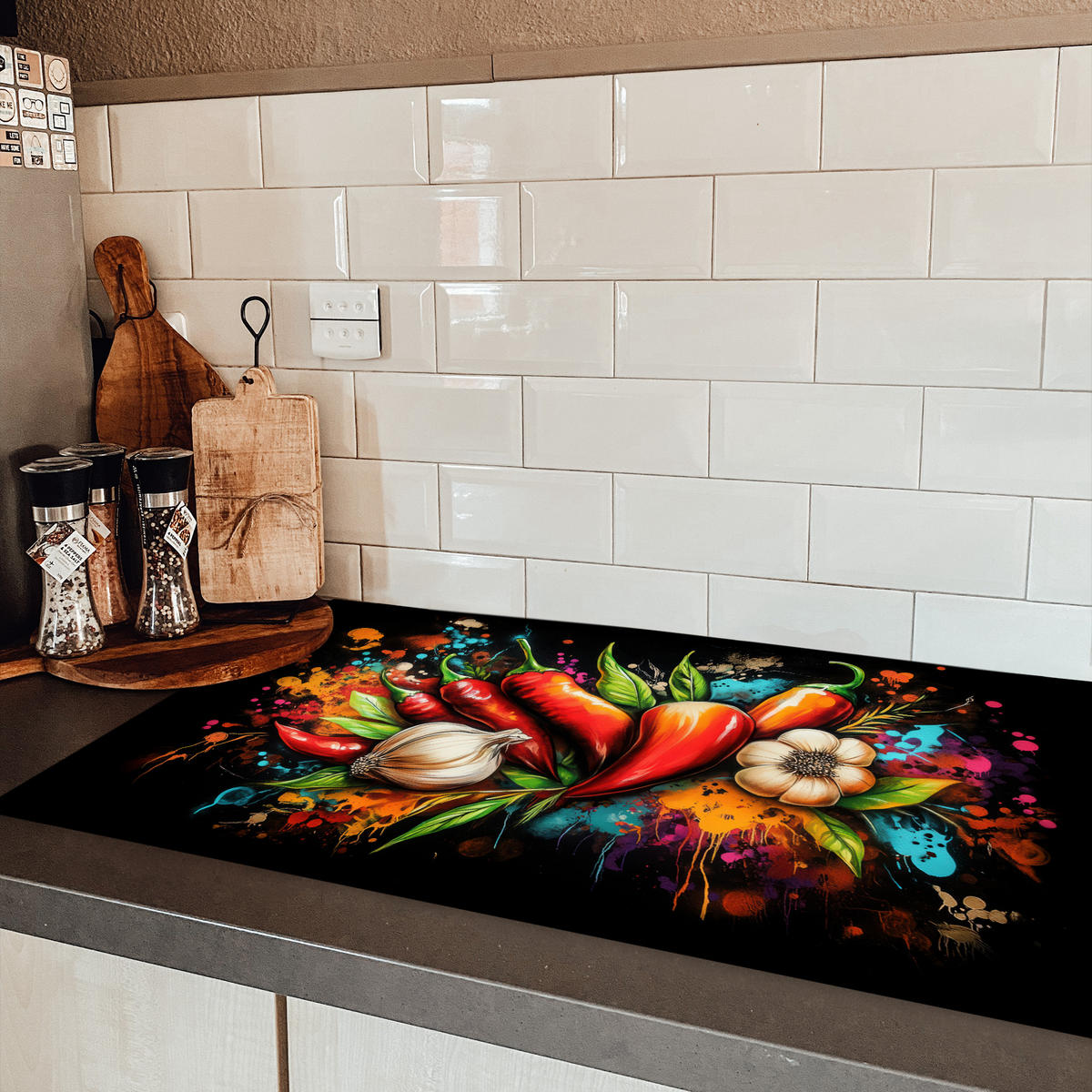 HERDABDECKPLATTE Gemüse - Paprika - Knoblauch - Graffiti - Farbe - Bunt 91x52 cm - Rot, Kunststoff (91.2/52/0.2cm) - MuchoWow