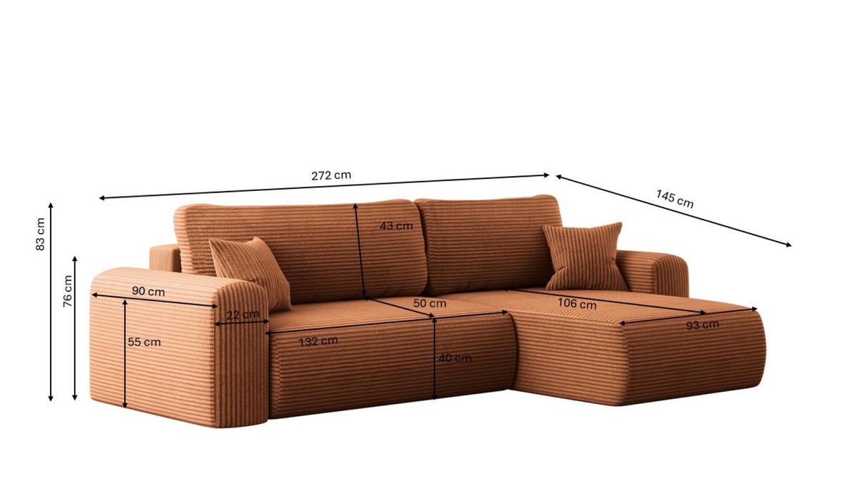 ECKSOFA Mit Schlaffunktion und Stauraum für Bettzeug Capri Stoff Poso Ziegel Rechts - Kupferfarben, Holz/Textil (272/145cm) - Kaiser Möbel