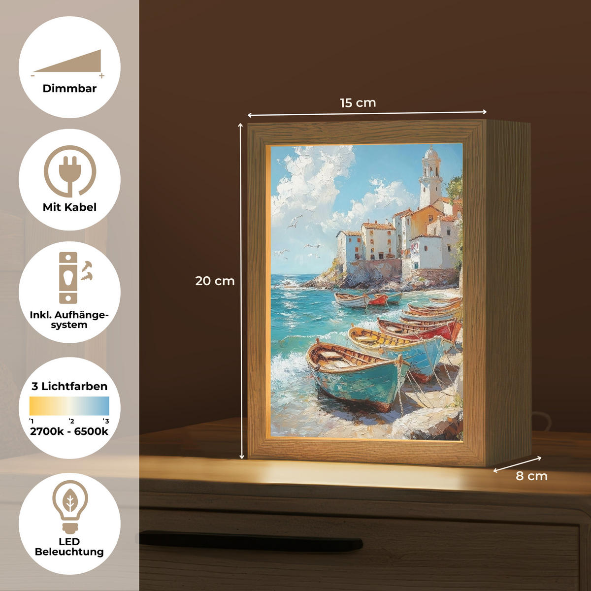 NÁSTĚNNÁ LAMPA Lodě - skály - moře - slunce 15x20 cm - modrá, kompozitní dřevo (15/20/8cm) - OnlyWow