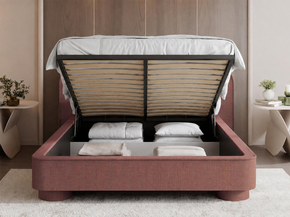 POLSTERBETT Aurora mit Bettkasten, Lattenrost & gepolsterten Füßen in Terrakotta Chenille 120x200 cm - Birkefarben/Rot, Holzwerkstoff/Textil (120/200cm) - WFL GROUP