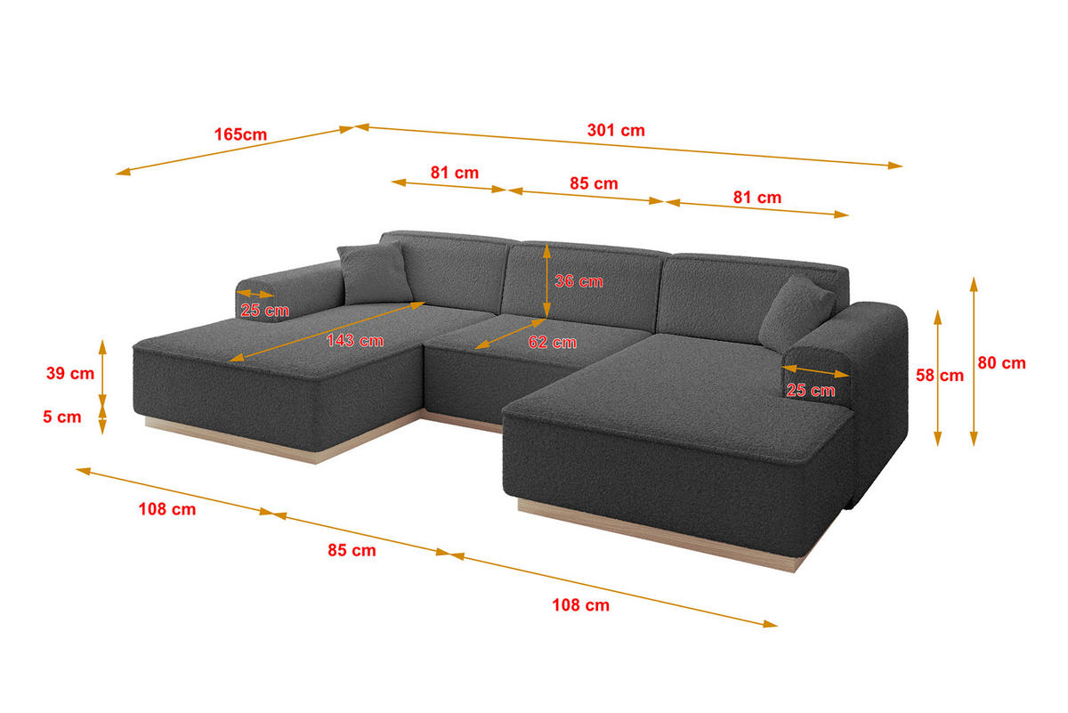 WOHNLANDSCHAFT IREA-U1 - 301x165x80 cm Grau - Dunkelgrau/Olivgrün, Holzwerkstoff/Textil (301/80/165cm) - ALTDECOR