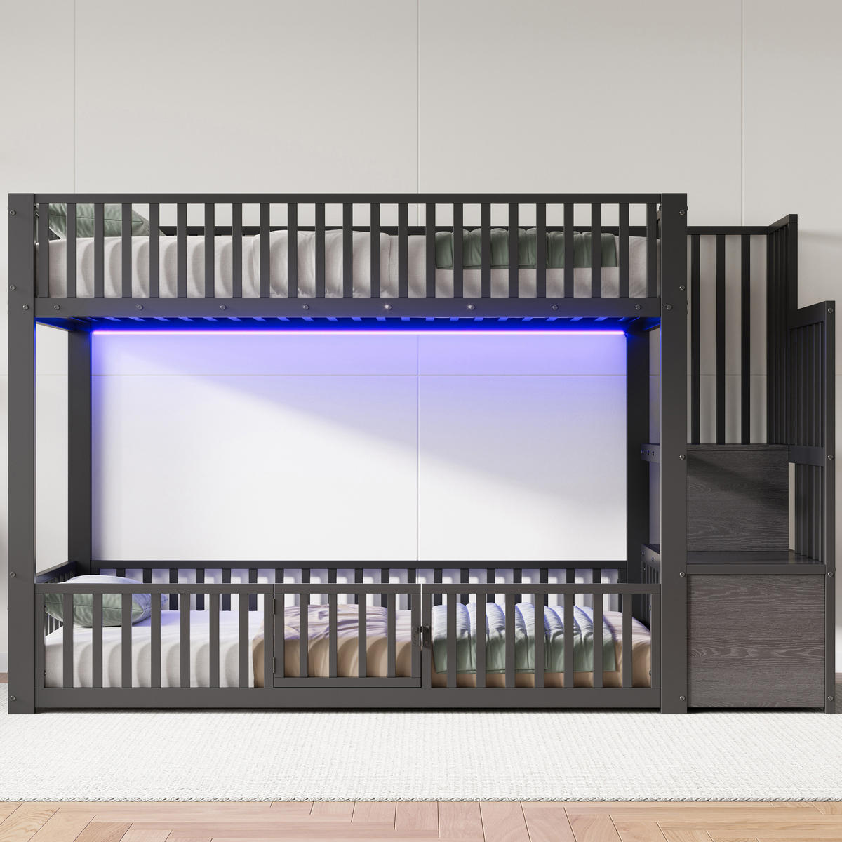 ETAGENBETT 90/200 cm Schwarz mit Stauraumleiter und LED - Schwarz, Metall (90/200cm) - Oxeza