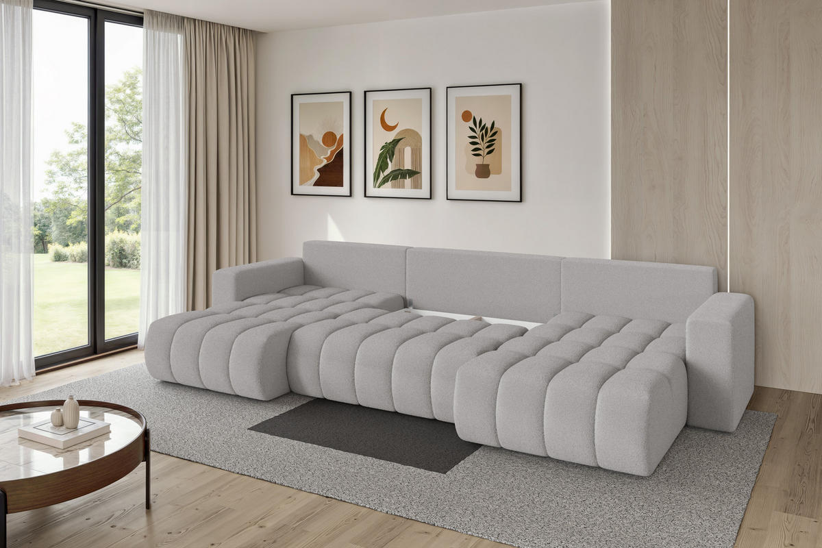 SEDACÍ SOUPRAVA DO U s funkcí spaní a úložným prostorem MILA-U-v1 378x194x86 světle šedá bouclé - černá/stříbrná, kompozitní dřevo/textil (378/86/194cm) - ALTDECOR