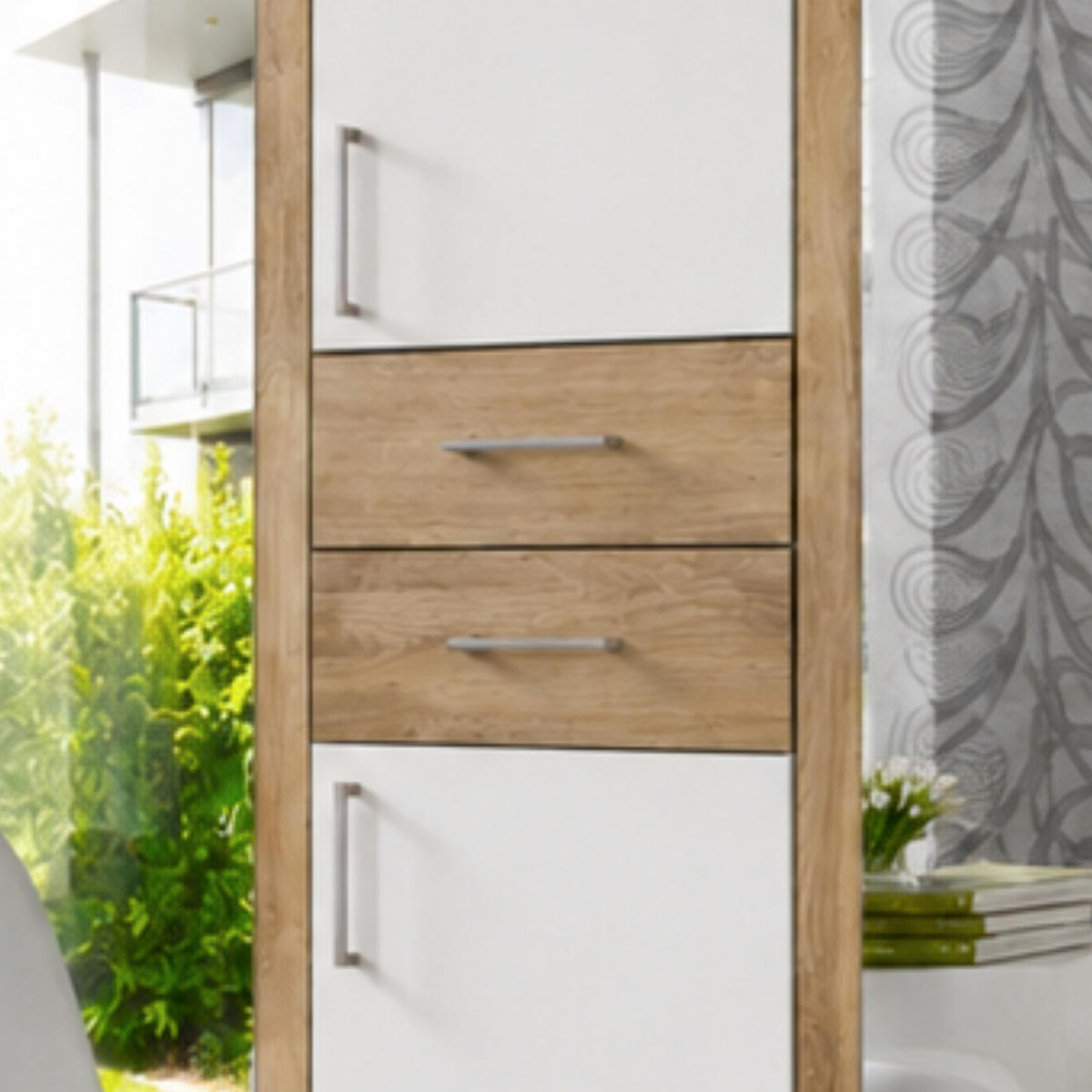 DREHTÜRENSCHRANK Kleiderschrank B225/H208/T58 cm mit Schubkästen & 2 Spiegeltüren, Weiß mit Absetzungen in Eiche Dekor / 22591 - Eichefarben/Silberfarben, Holzwerkstoff/Kunststoff (225/208/58cm) - luma-home