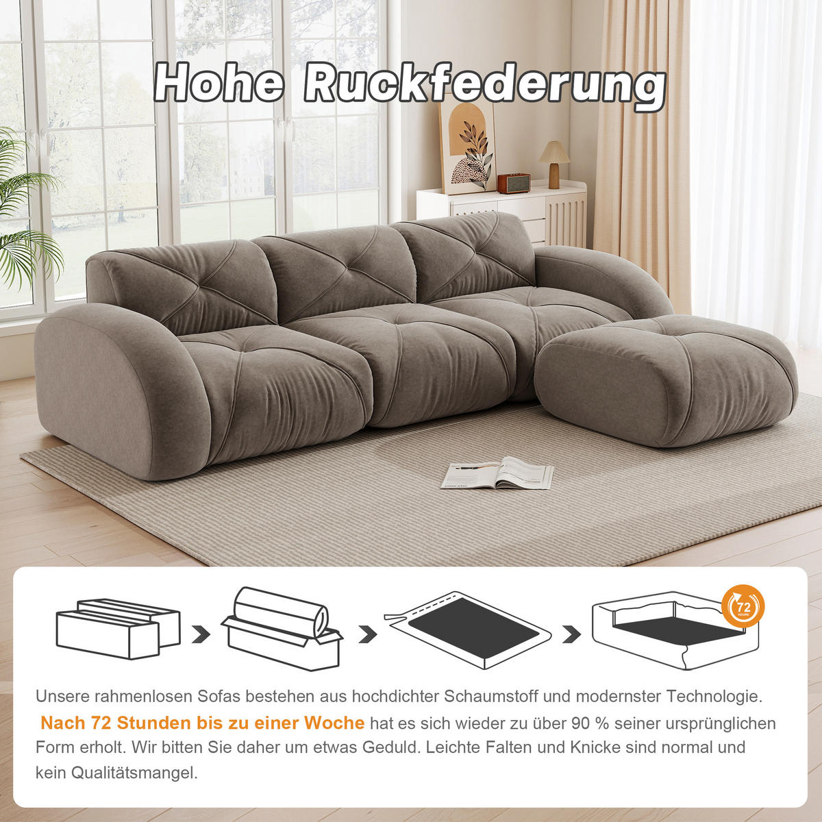 ECKSOFA 281/171/76 cm Taupe Chenille mit 1 Fußhocker, rutschfeste Unterseite - Taupe, Textil (281/171cm) - Oxeza