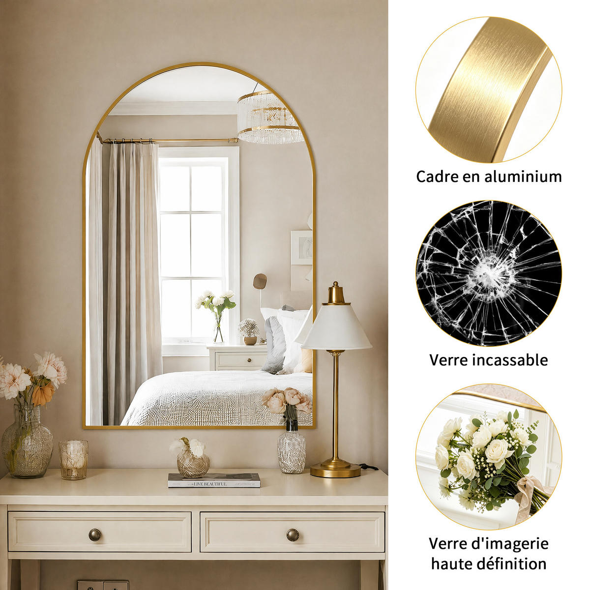 WANDSPIEGEL Bogenform 91 x 61 cm aus Sicherheitsglas mit Aluminiumrahmen gold - Goldfarben, Metall (61/91/3cm)