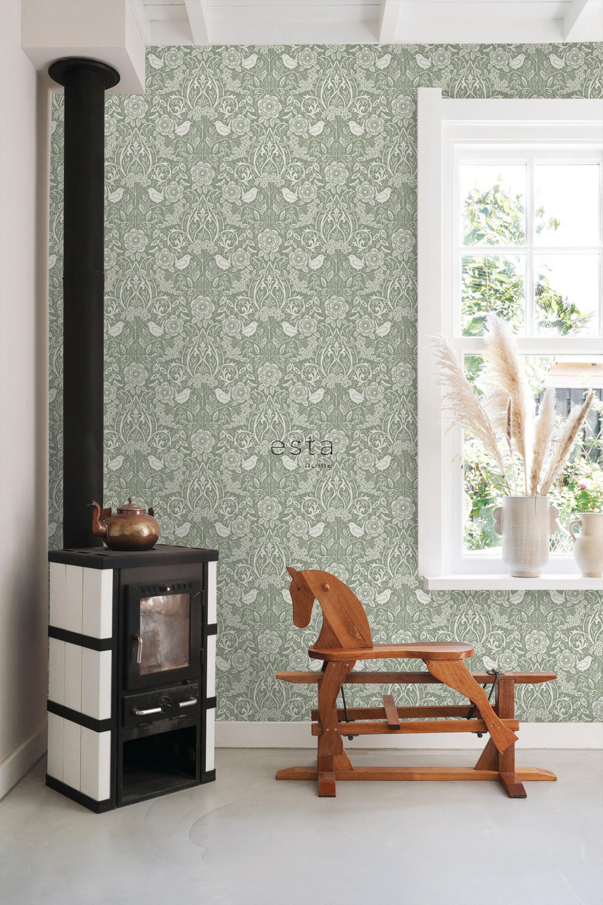 TAPETE Blumen und Vögel im Jugendstil 53 cm x 10.05 m - Grün, Papier (53/1000cm) - ESTAhome
