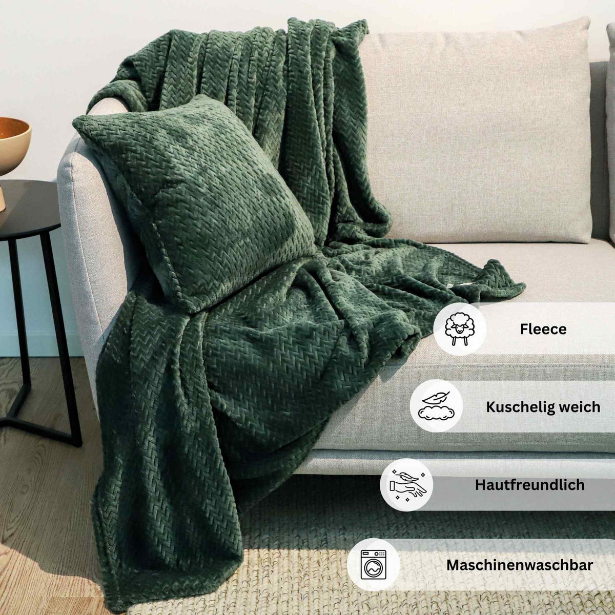WOHNDECKE MIT DEKOKISSENHÜLLE COMFY-2 - Grün, Textil (140/190cm) - Esprit