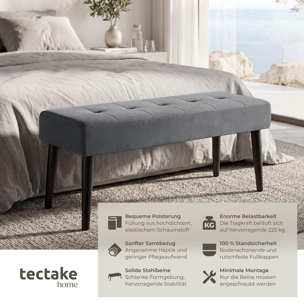 SITZBANK Glora, Belastbarkeit 220 kg, 95 x 38 x 45 cm, Samtoptik grau - Samtahornfarben, Holz (95/45/38cm) - tectake