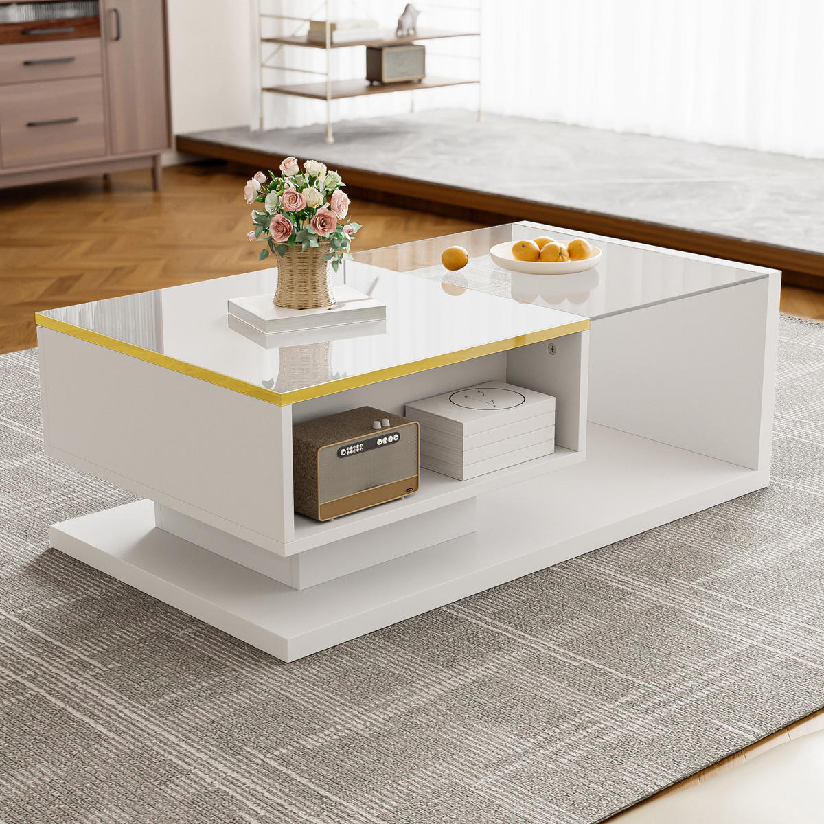 COUCHTISCH 90 cm Hochglanz LED weiß - Weiß, Holzwerkstoff (50/90/32.5cm) - LEBENLANG