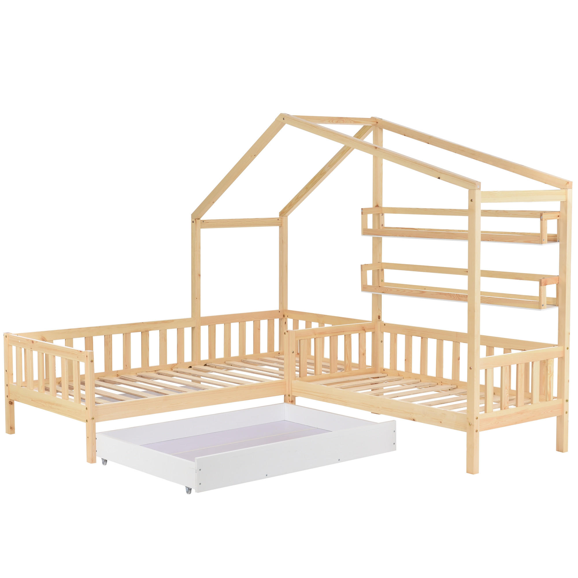 KINDERBETT 90/200 cm & 70/140 cm in Natur mit Schublade und Regal - Naturfarben, Holz/Holzwerkstoff (90/200cm) - WISHDOR