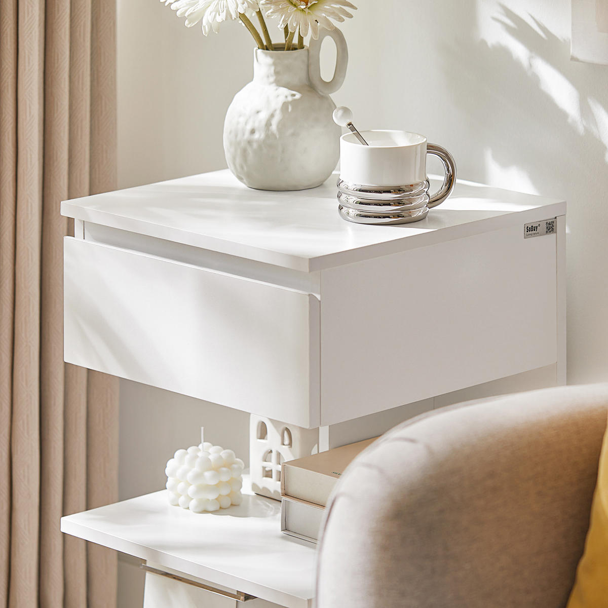 NACHTTISCH 2er Set, Beistelltisch Weiß 39x39x65 cm - Weiß, Holzwerkstoff (39/65/39cm) - SoBuy