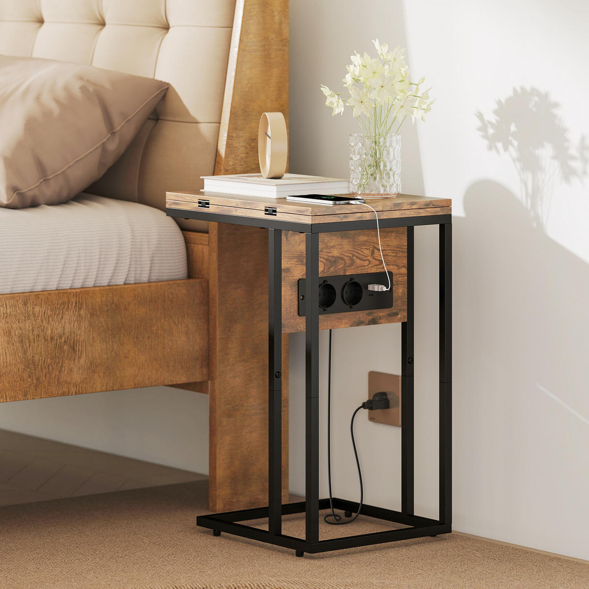BEISTELLTISCH DE-15777 mit Ladestation Rostbraun - Braun, Holzwerkstoff (39/29/57cm) - ComfortXL