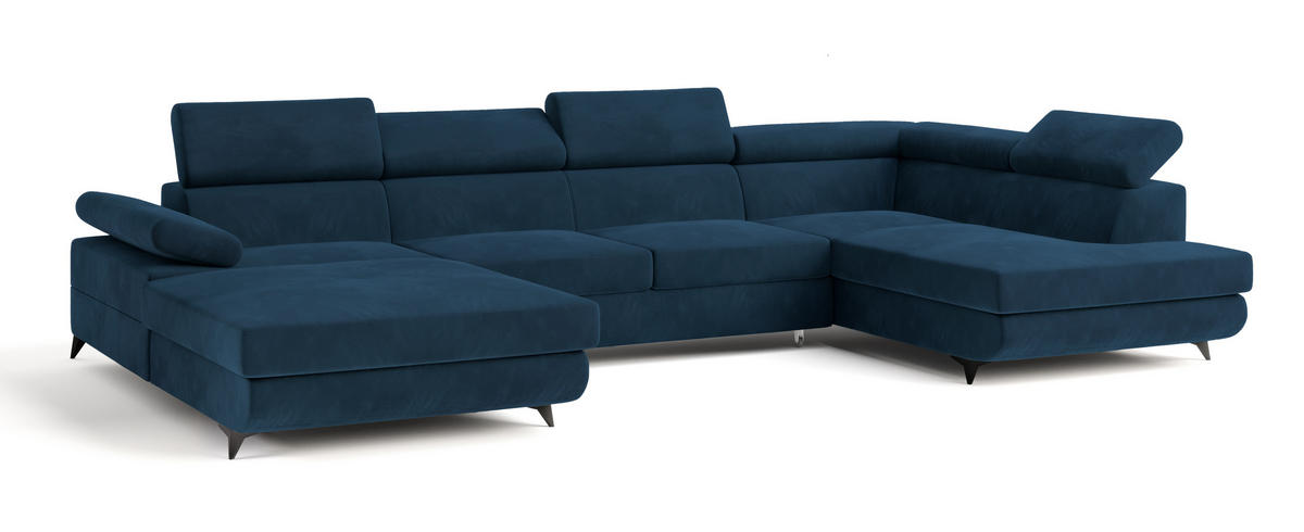 WOHNLANDSCHAFT RUBANO R-S Blau Velours-Stoff mit Schlaffunktion - Blau, Holz (339/89/190cm) - MASSENO