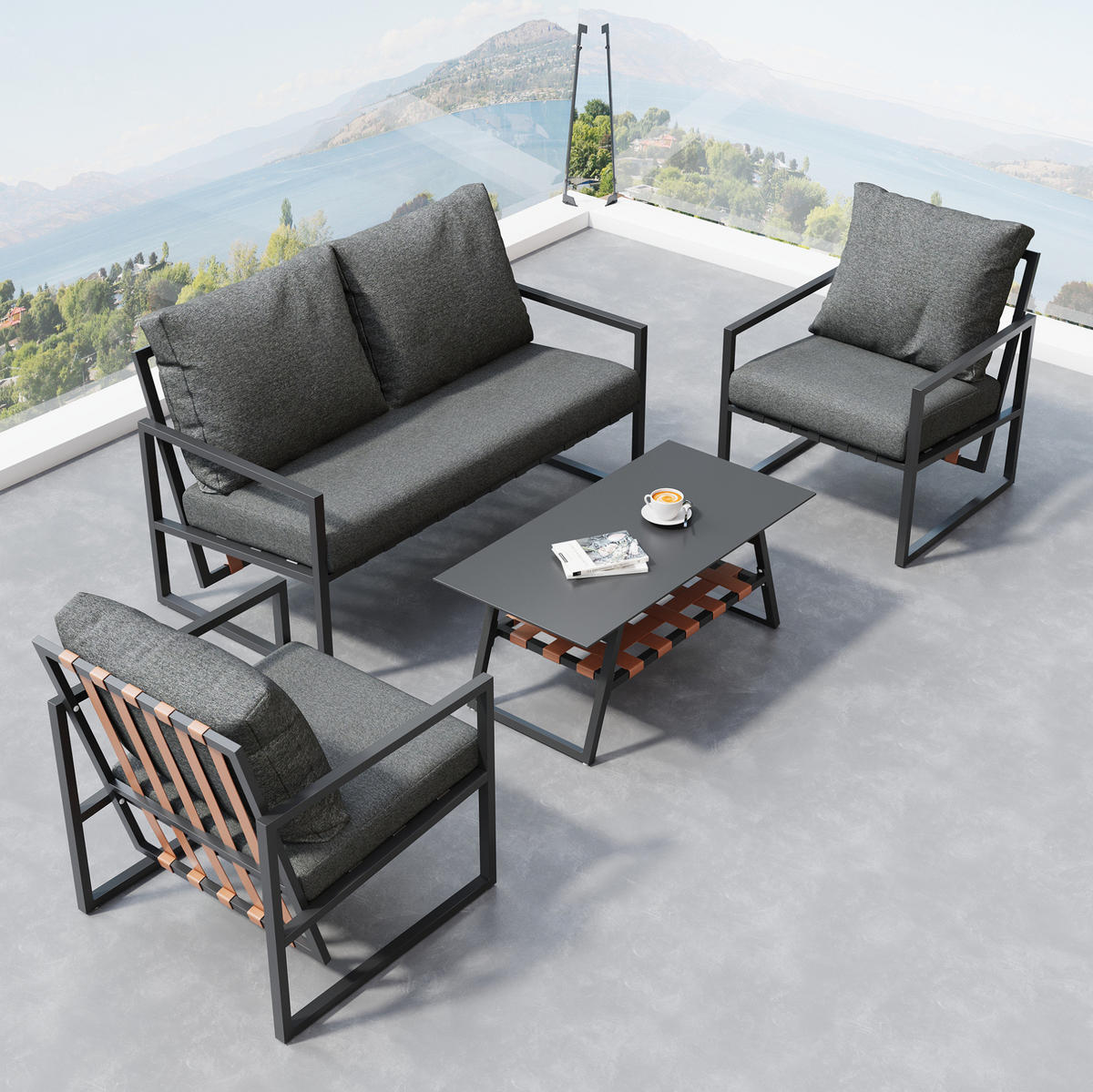 GARTENLOUNGE 114/57/80 cm schwarz aus PVC mit Couchtisch und Kissen - Schwarz, Kunststoff - OKWISH