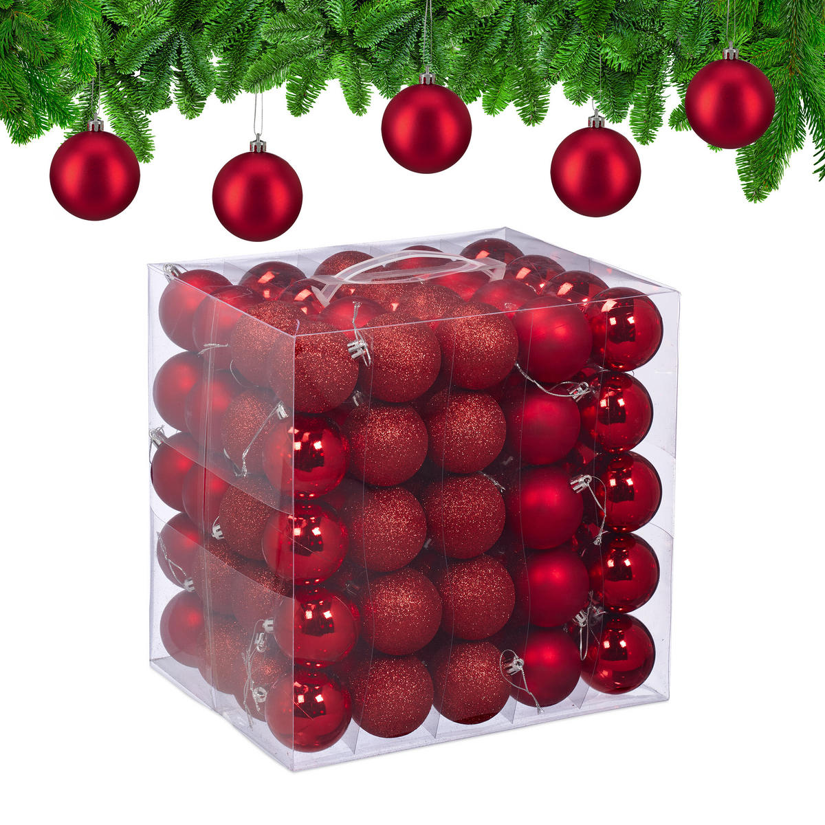 100XWEIHNACHTSKUGELN - Rot, Kunststoff (6/7/6cm) - Relaxdays