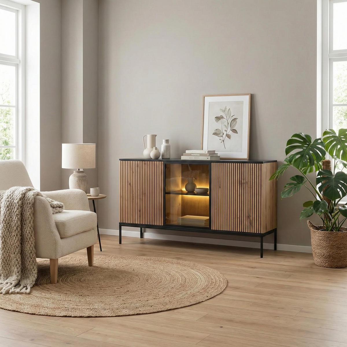 SIDEBOARD Laval K154 – Wotan-Eiche, Schwarz, mit Lamellen - Eichefarben/Eiche Wotan, Glas/Holzwerkstoff (154/83/39cm) - Komodee