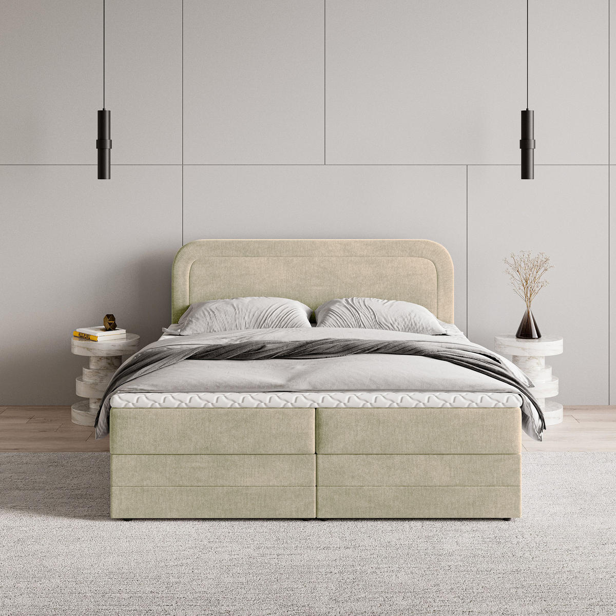 BOXBETT ARMEL 140x200 cm mit Matratze und Topper - Creme - Creme, Holz (140/200cm) - MASSENO