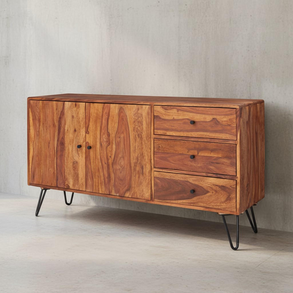 SIDEBOARD – Massivholz, 145x75x40 cm, 3 Schubladen, 2 Türen, Landhausstil, Haarnadelbeine - Schwarz/Braun, Holz/Metall (145/75/40cm) - KADIMA DESIGN