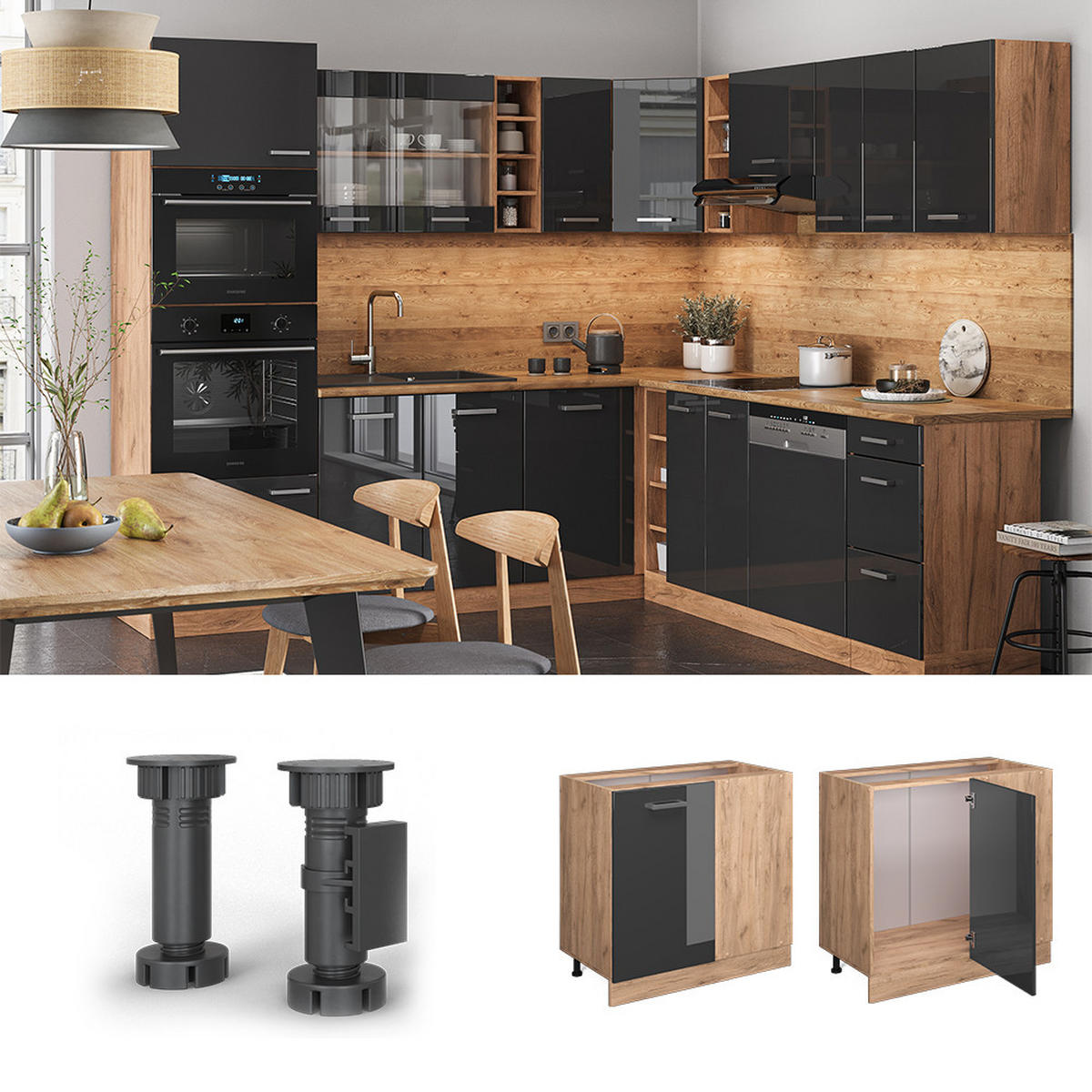 ECKUNTERSCHRANK R-Line Anthrazit Hochglanz 86 cm, AP Eiche - Honigeiche/Schwarz Hochglanz, Holzwerkstoff (86/81.6/60cm) - Vicco