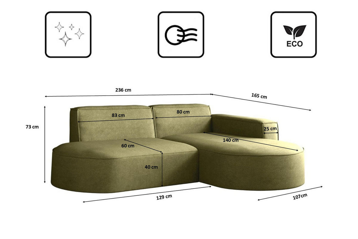 ECKSOFA Modena Modern Und Komfort Velours Stoff Salvador Rechts Olive - Olivgrün, Holz/Textil (236/165cm) - Kaiser Möbel