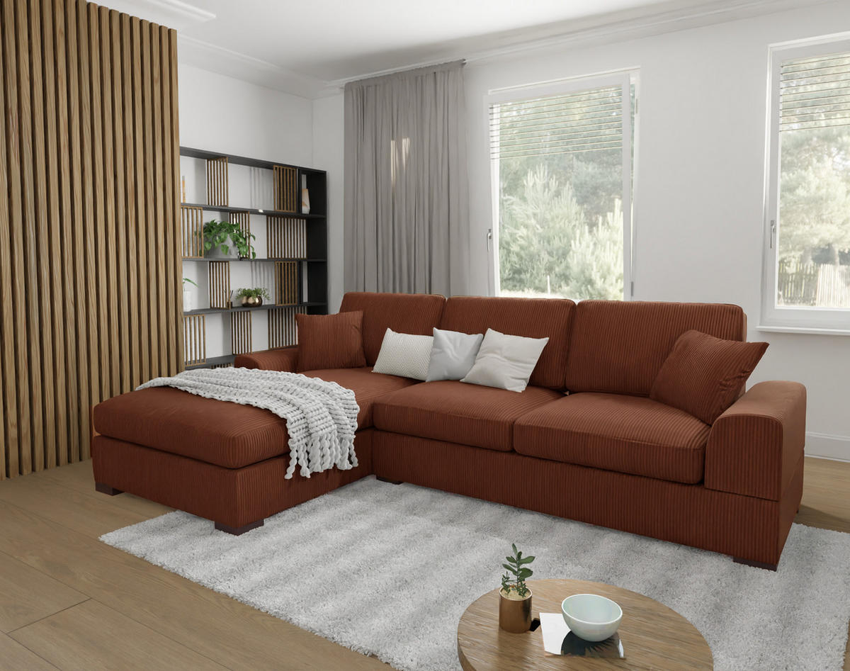 ECKSOFA Saga Terrakotta Cord - Terracotta/Schwarz, Holz/Buchenholz (306/184cm) - S-Style Möbel