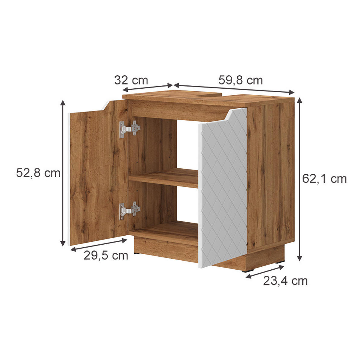 WASCHBECKENUNTERSCHRANK Lotta Eiche/Weiß mit Kachelstruktur 59.8 x 62.1 cm mit 2 Türen - Eichefarben/Weiß, Holzwerkstoff (59.8/62.1/32cm) - Vicco