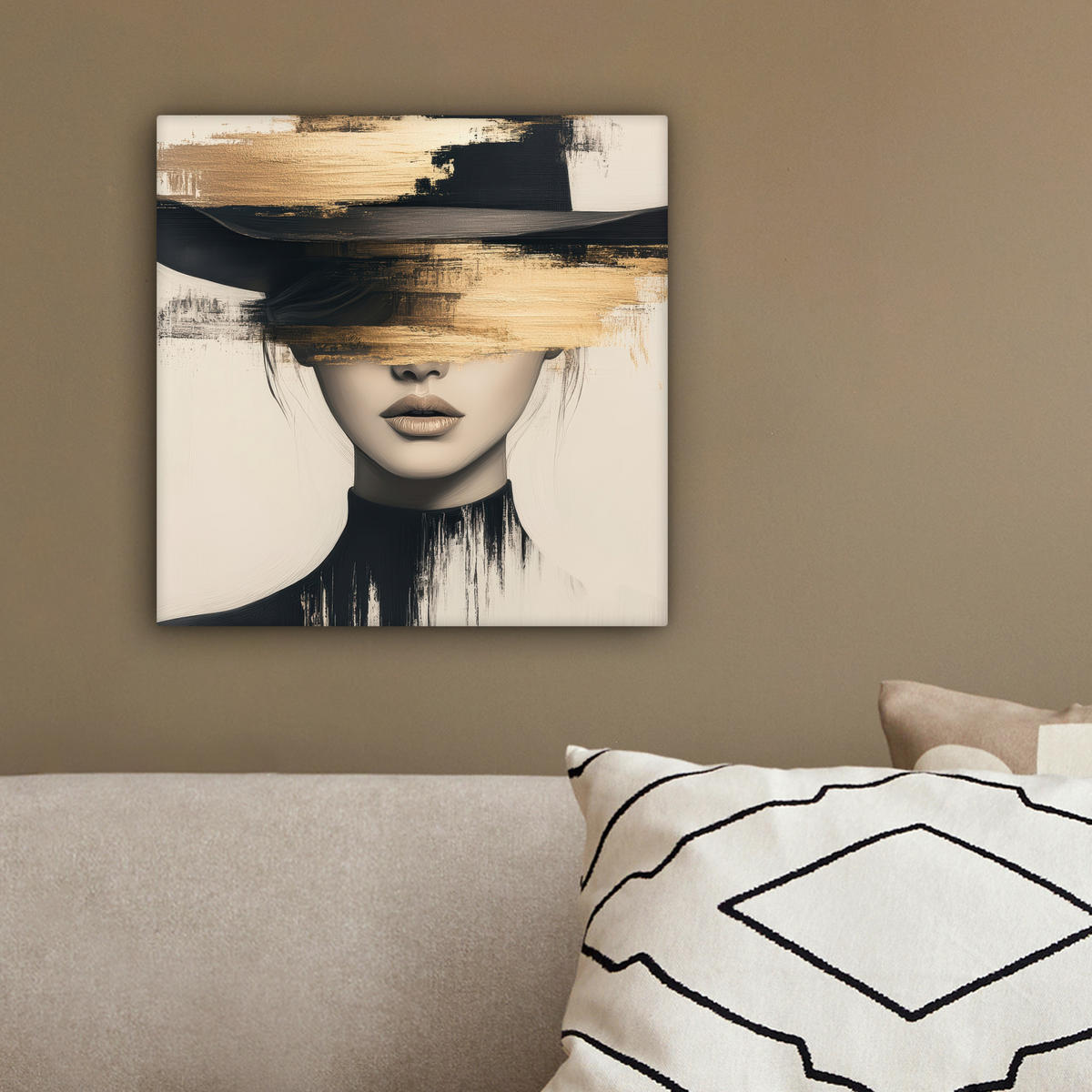 LEINWANDBILD Frau - Hut - Farbe 20x20 cm - Goldfarben, Textil (20/20cm) - MuchoWow