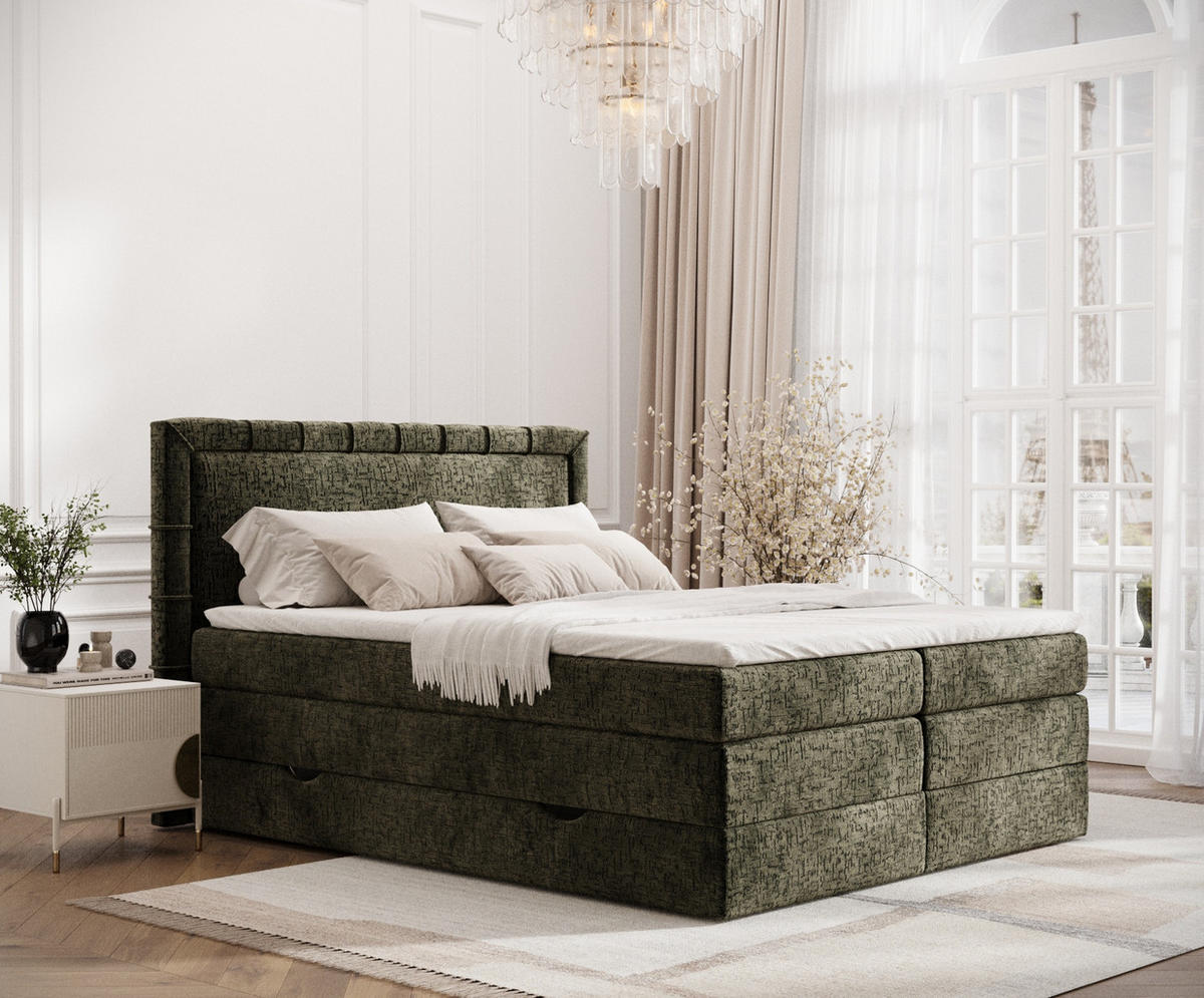 BOXSPRINGBETT Rosabel Olivenfarbe 160/200 cm mit Matratze und Topper - Schwarz/Olivgrün, Holz/Holzwerkstoff (160/200cm) - Maison de Reve