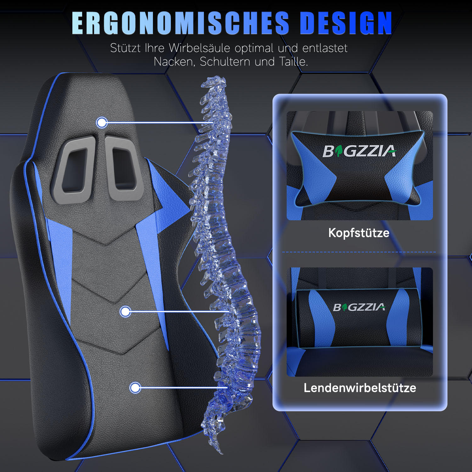 GAMINGSTUHL Schwarz-Blau ergonomisch - Blau, Leder (29/59/79cm) - Rattrix