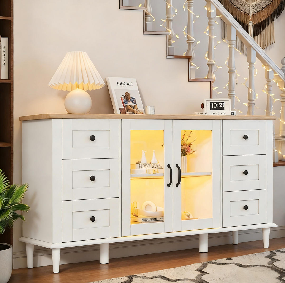 SIDEBOARD 150/40/75 cm mit 6 Schubladen, 2 Acryltüren und LED-Beleuchtung, Weiß/Holzton - Weiß, Holzwerkstoff (150/75/40cm) - Redom