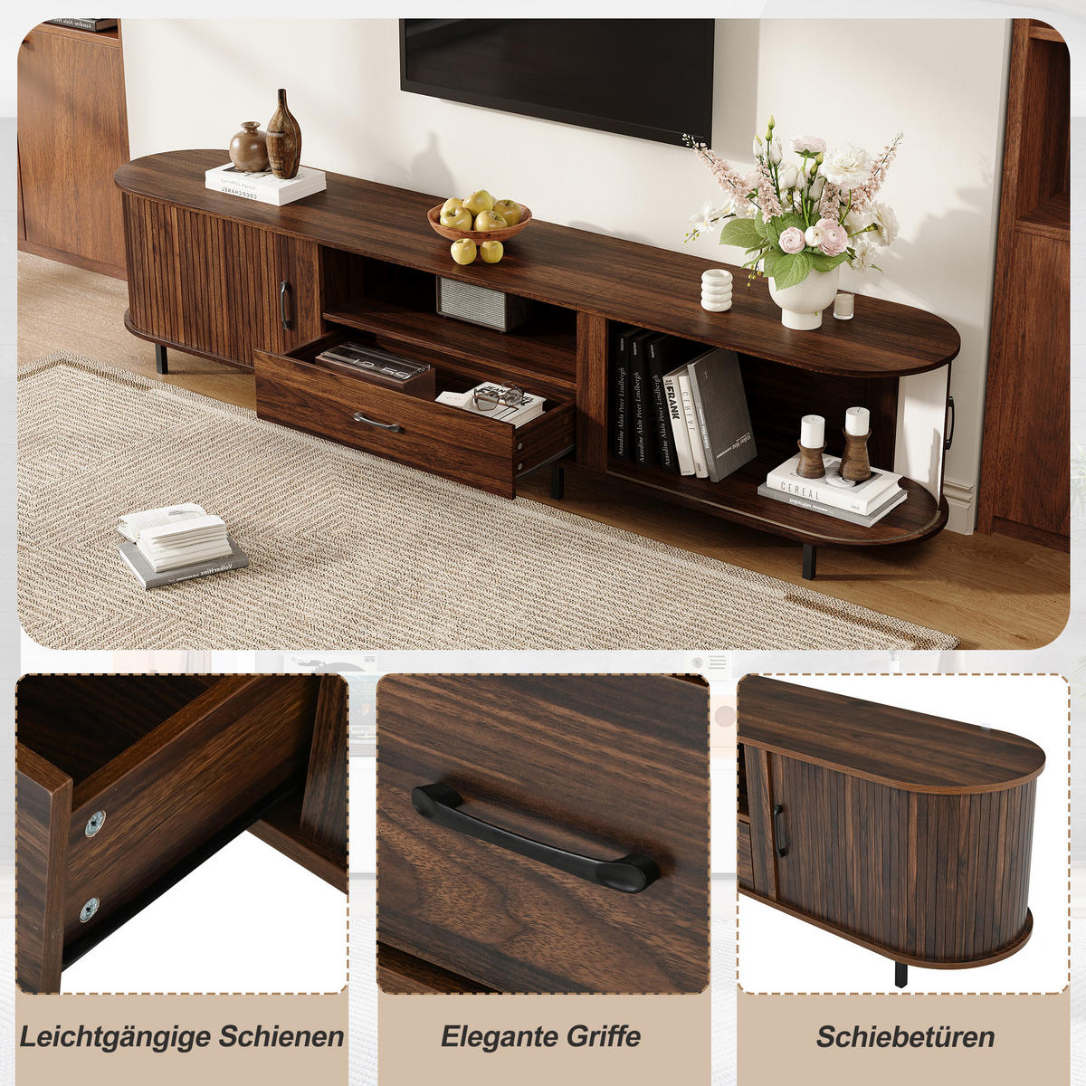 TV-SCHRANK 180/40/45 cm Walnuss mit 1 Schublade und 2 Schiebetüren - Nussbaumfarben, Holzwerkstoff/Metall (180/45/40cm) - Oxeza